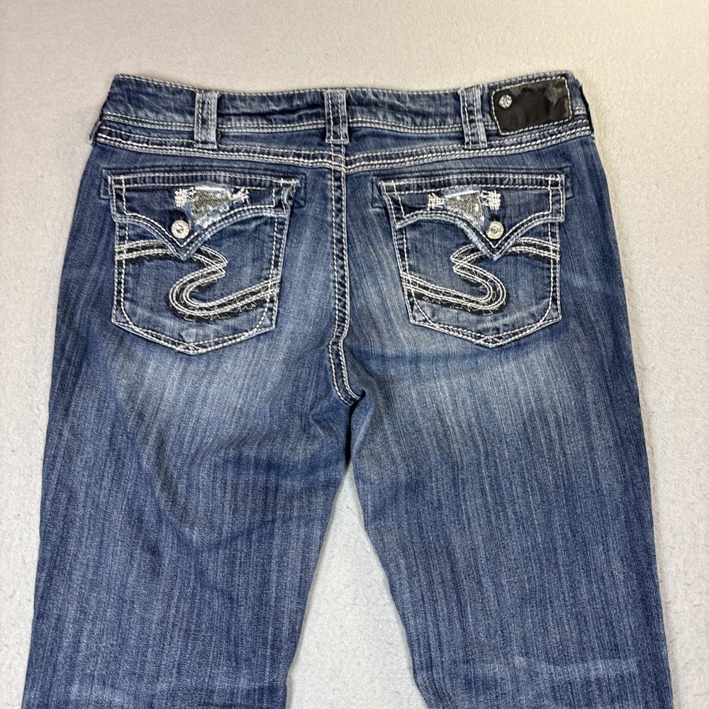 Silver Jeans Co Suki Flap 17" Denim Blue Jeans 34/33 Embroidered Sequins - Picture 5 of 12